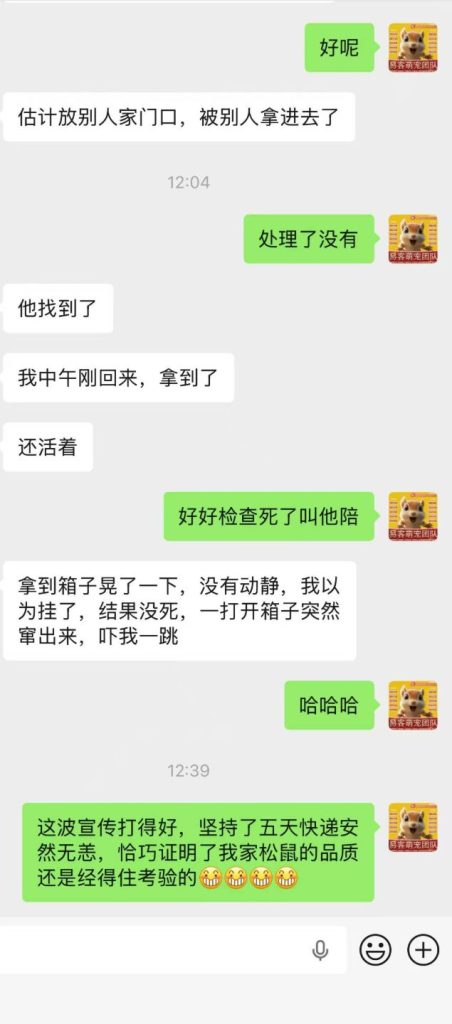 图片[3]-快递小哥失误，导致客户5天没有拿到松鼠幼崽，收到后活蹦乱跳，直接验证了我们家的品质！-【易客萌宠官网】